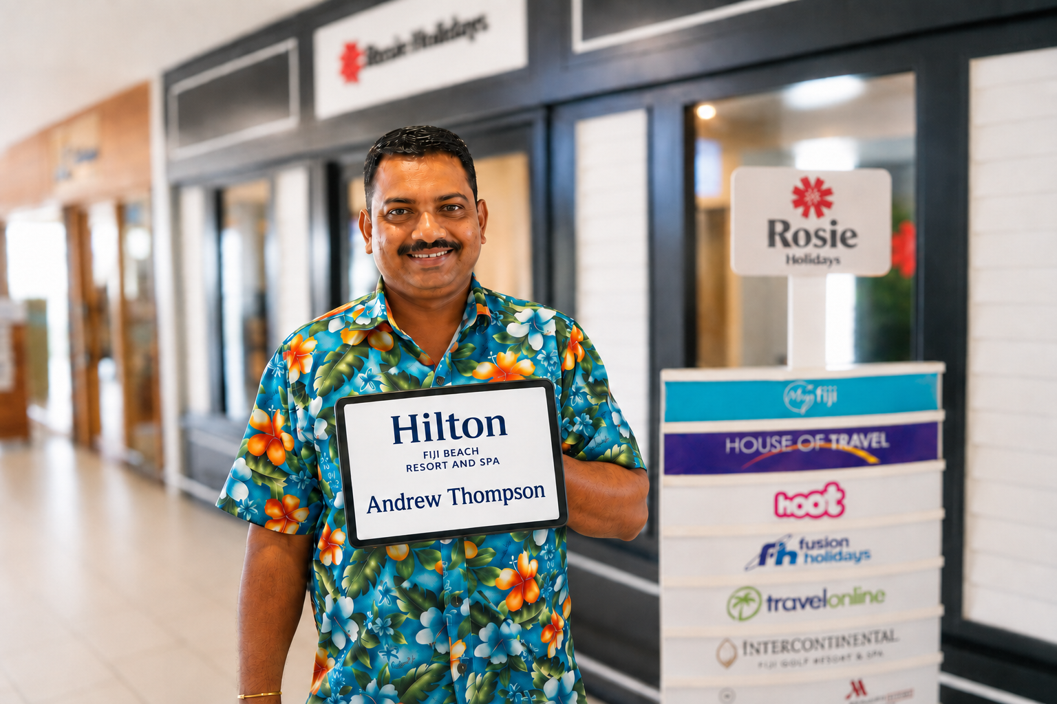 Rosie Holidays driver concierge with Hilton welcome sign at Nadi Airport