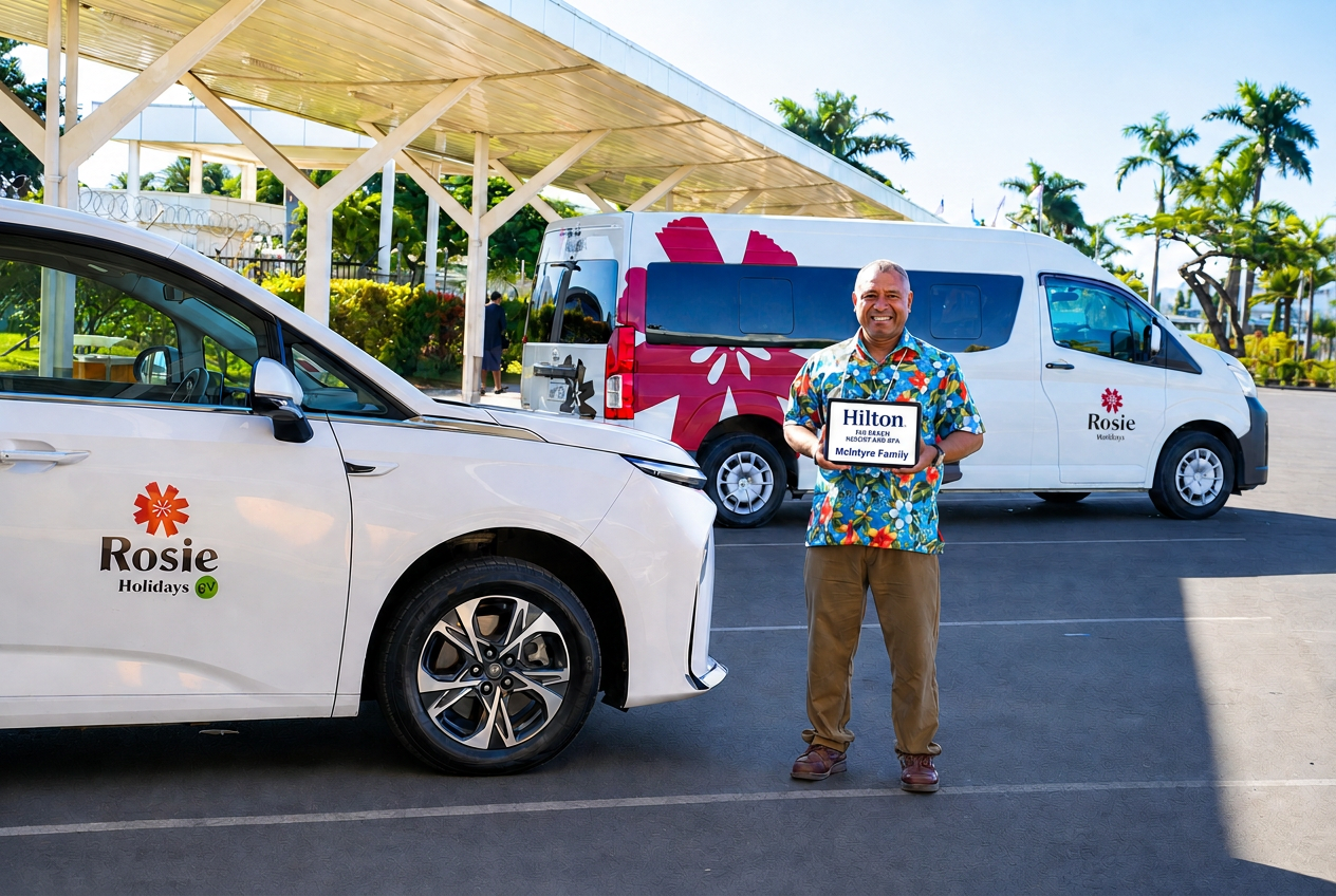 Rosie Holidays driver with Hilton meet & greet sign at Nadi Airport